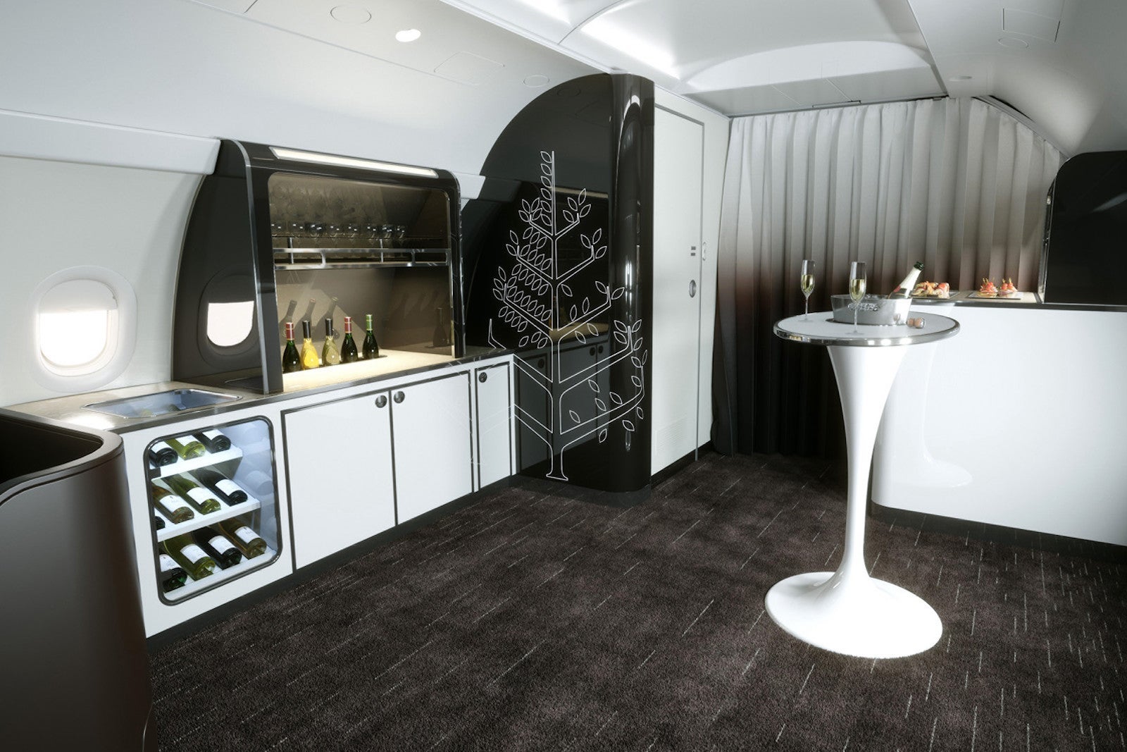 bar on airplane with glasses of champagne, cocktail table in middle