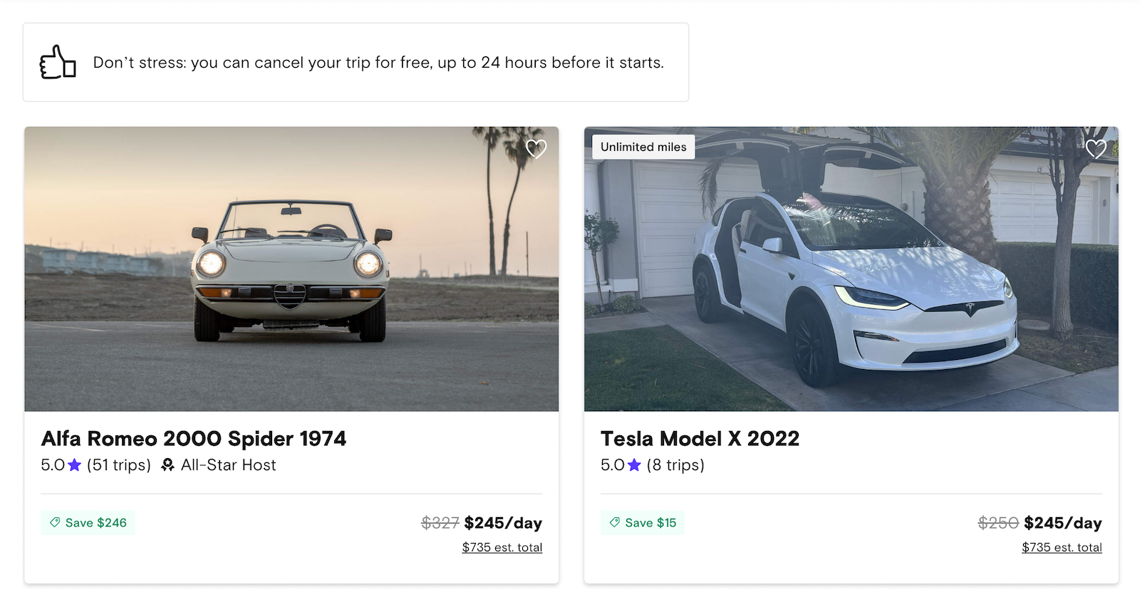 two luxury car results and a 24-hour cancelation policy on Turo's website