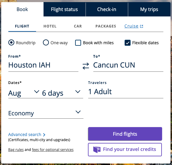 IAH to CUN search