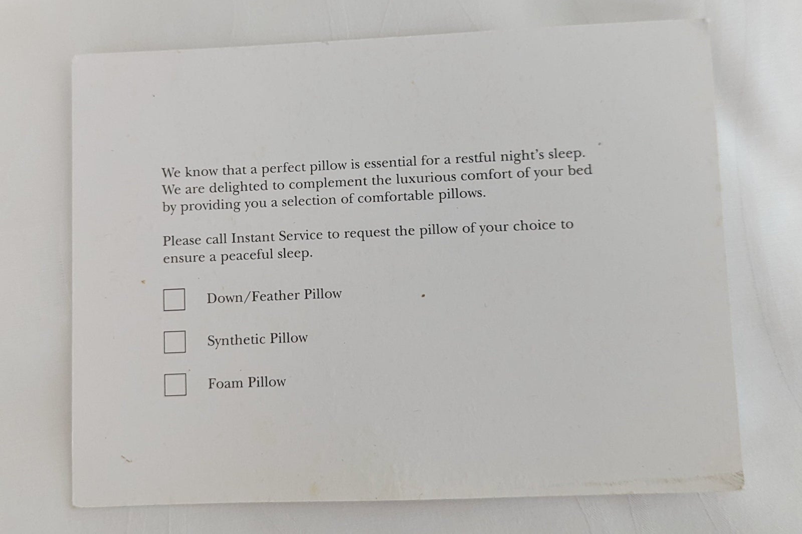 InterContinental Phuket Resort pillow menu