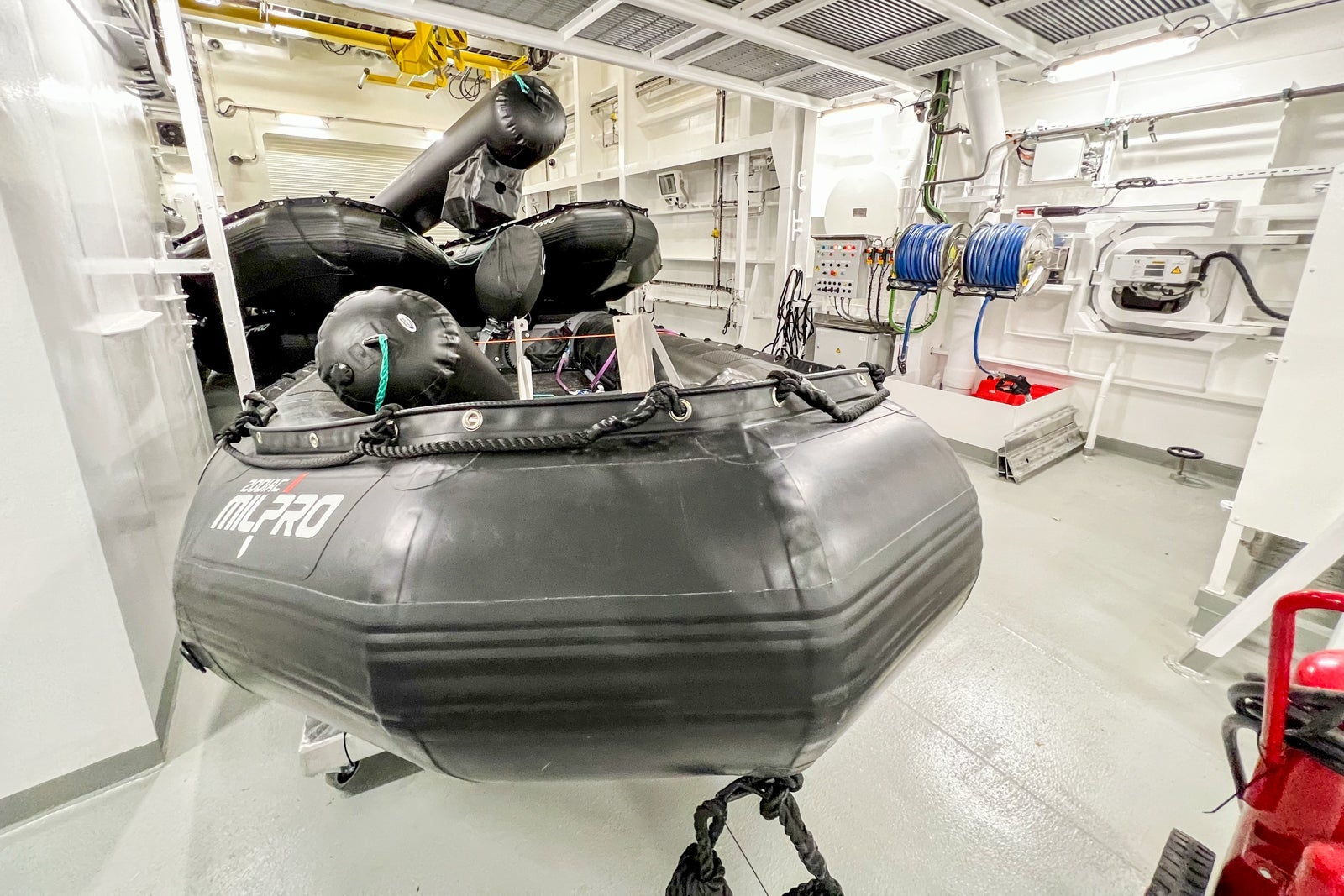 A rubber Zodiac boat carried on a Viking expedition vessel.