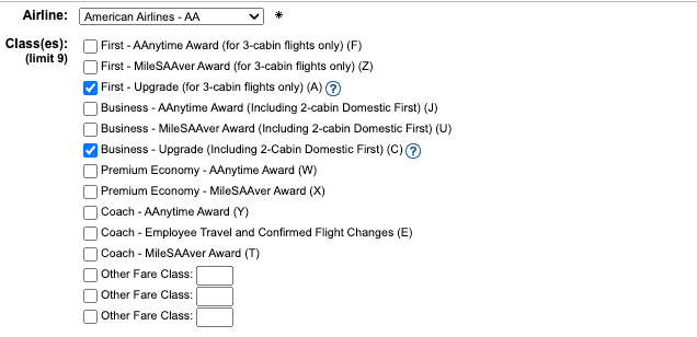American Airlines upgrades in ExpertFlyer