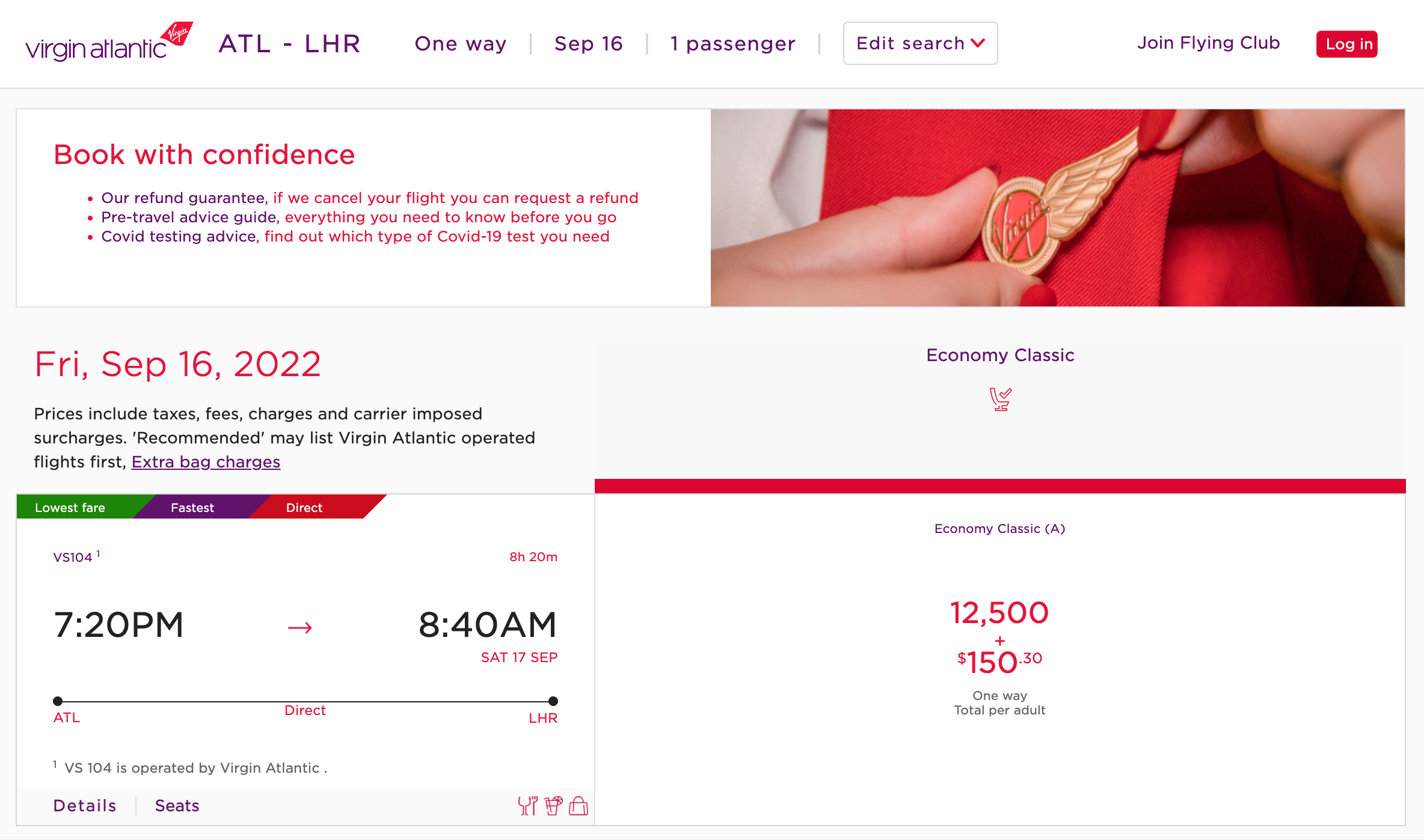 Atlanta to London Virgin Atlantic award ticket