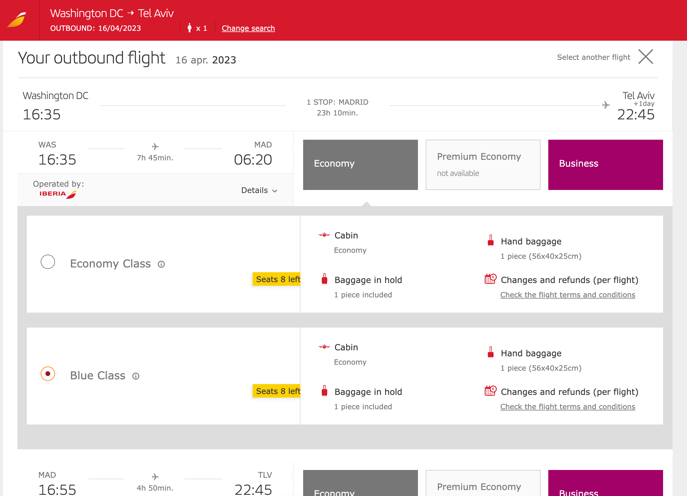 Available Iberia classes of service