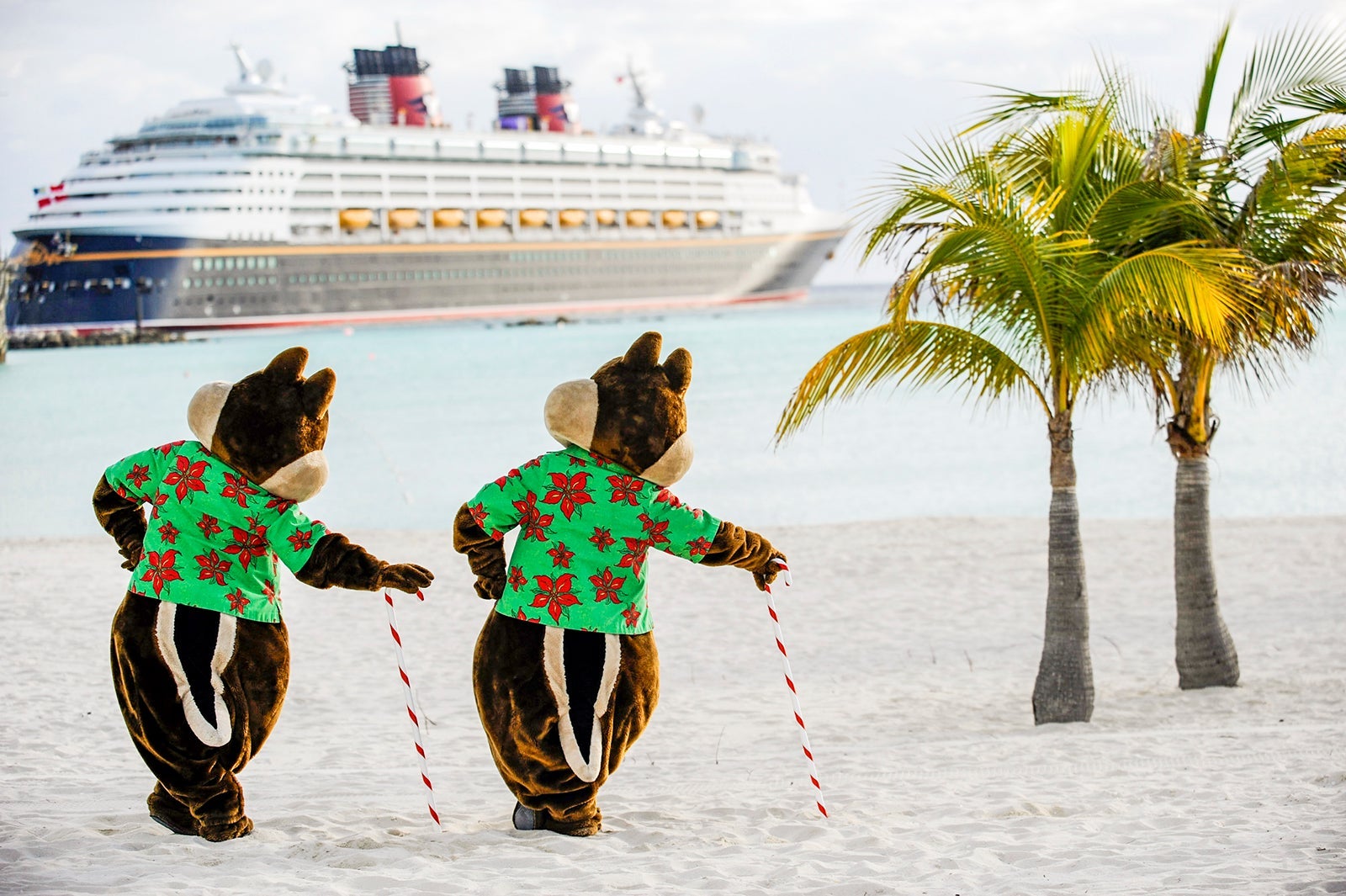 Chip and Dale holding candy canes on a beach