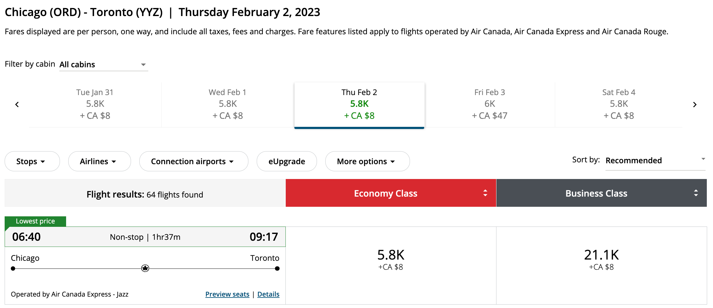 Chicago to Toronto Air Canada award flights