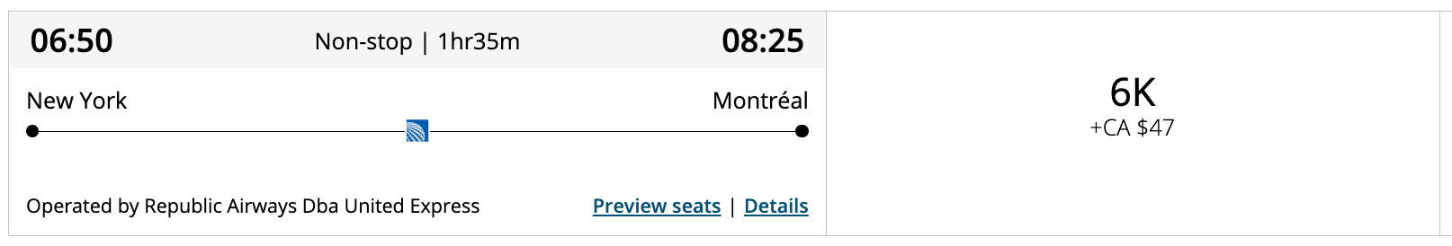 Newark to Montreal Air Canada award ticket operated by United