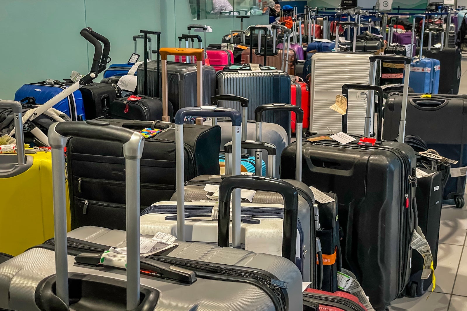 A bunch of lost suitcases at the airport