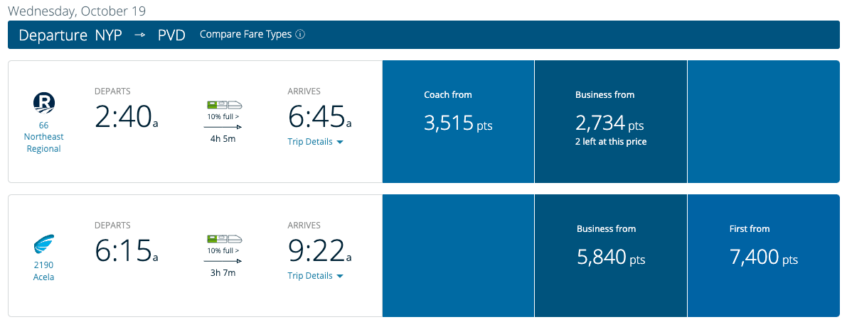 New York City to Providence Amtrak award ticket