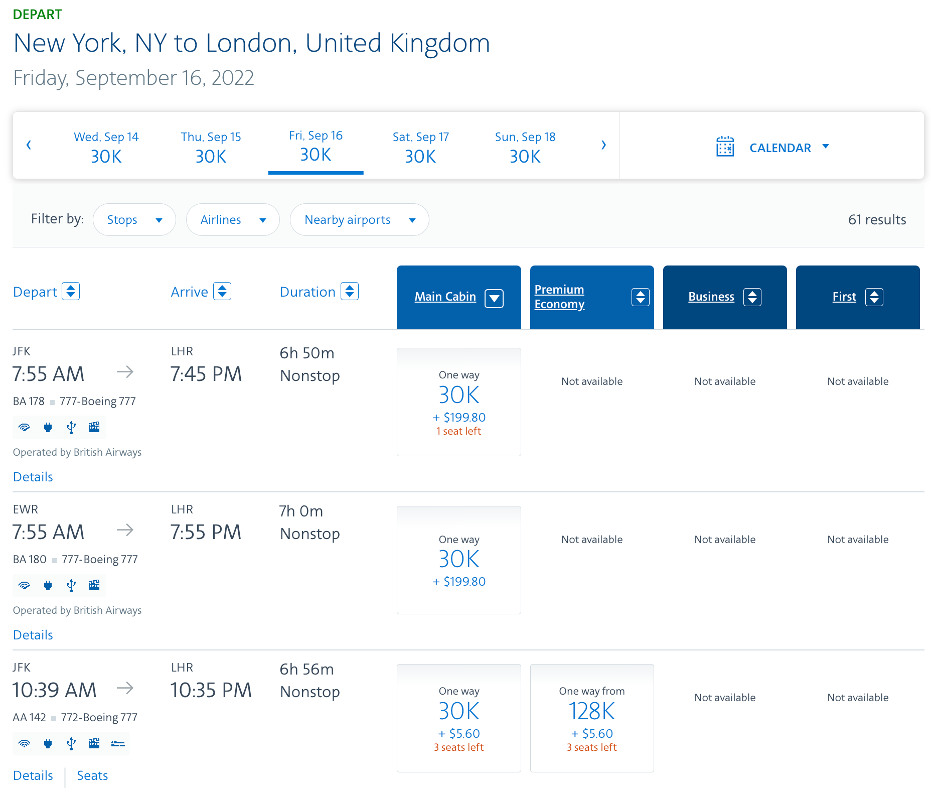 New York to London award space on American Airlines' website