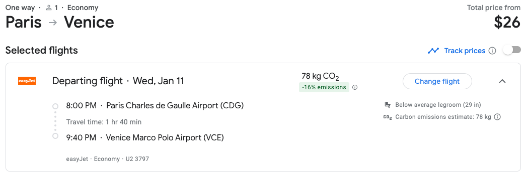 Paris to Venice itinerary in Google Flights