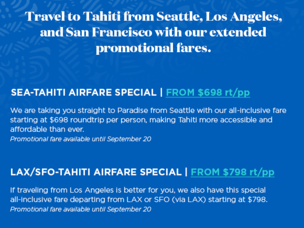 Screenshot of Air Tahiti Nui promotional fare extension for select routes