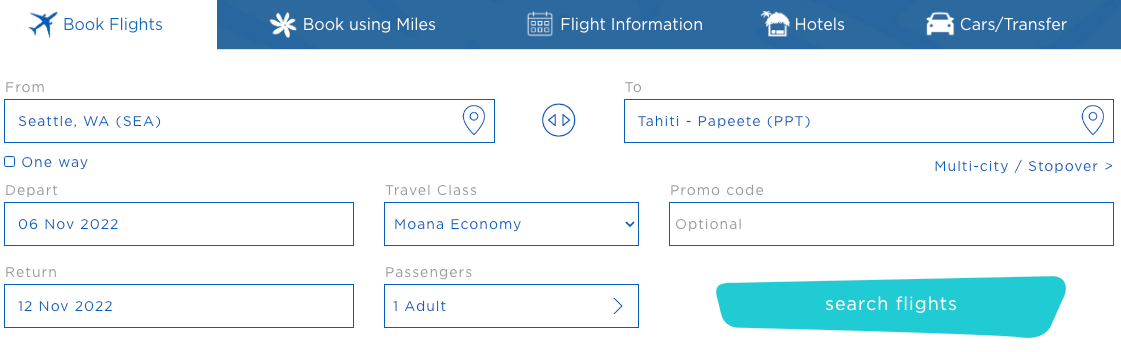 Screenshot of SEA-PPT flight search on Air Tahiti Nui