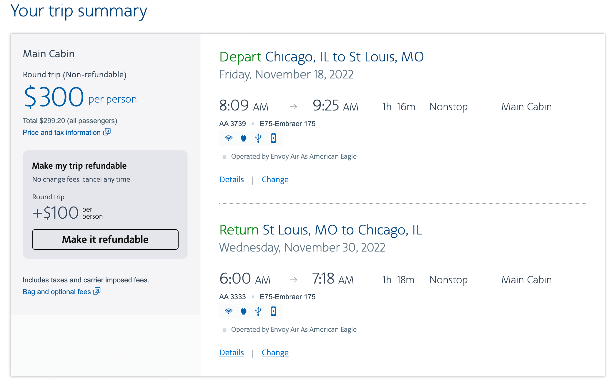 Screenshot of AA flight ORD-STL