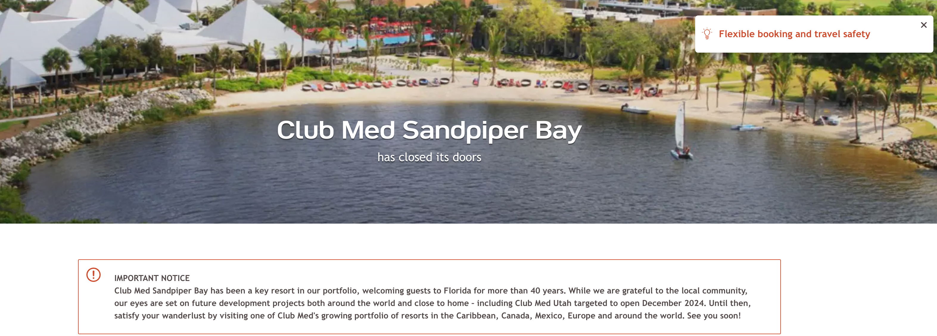 Screenshot of notice of Club Med Sandpiper Bay closure