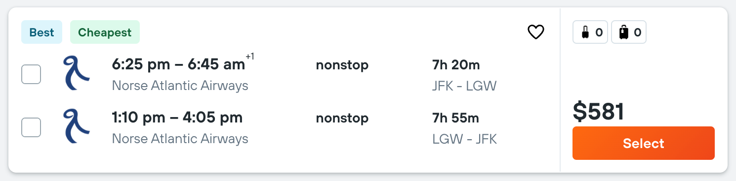 A Norse Atlantic Airways flight from JFK to LGW on Kayak
