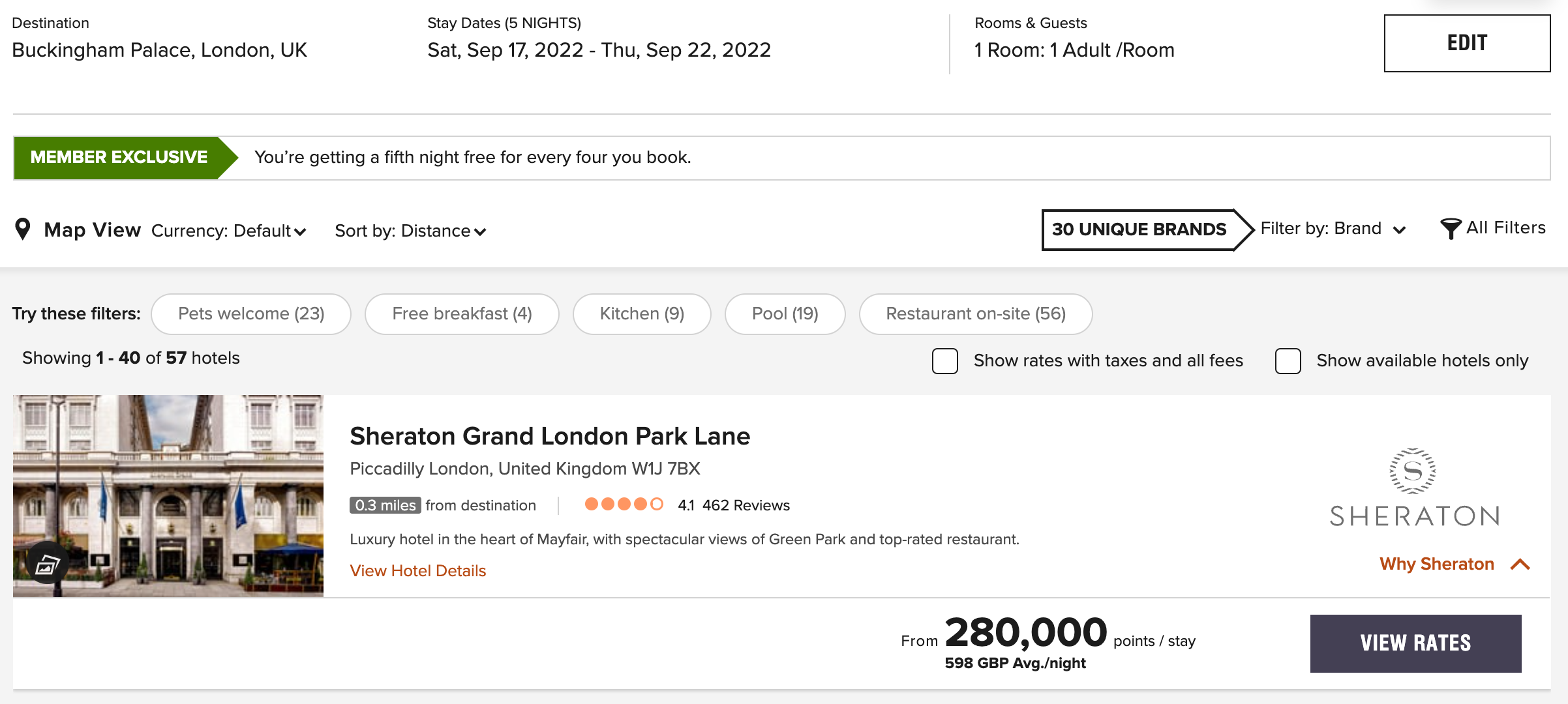 Sheraton Grand London Park Lane award cost