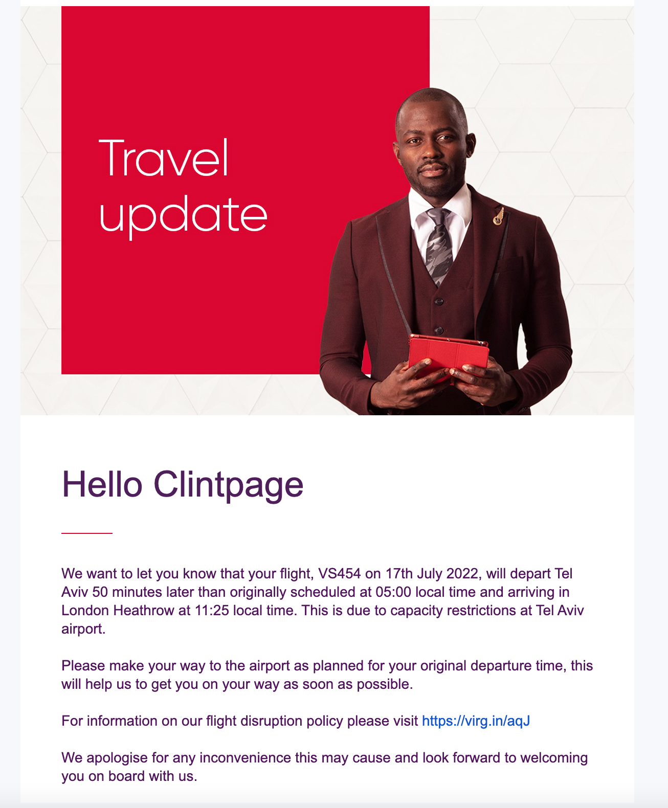 Delayed flight notification from Virgin Atlantic.