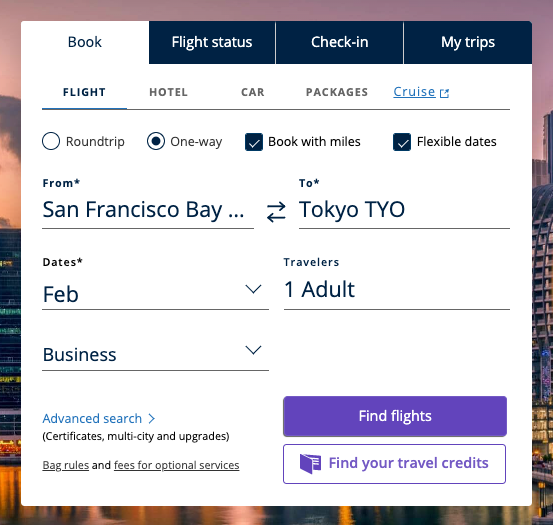 Searching for flights on the United website