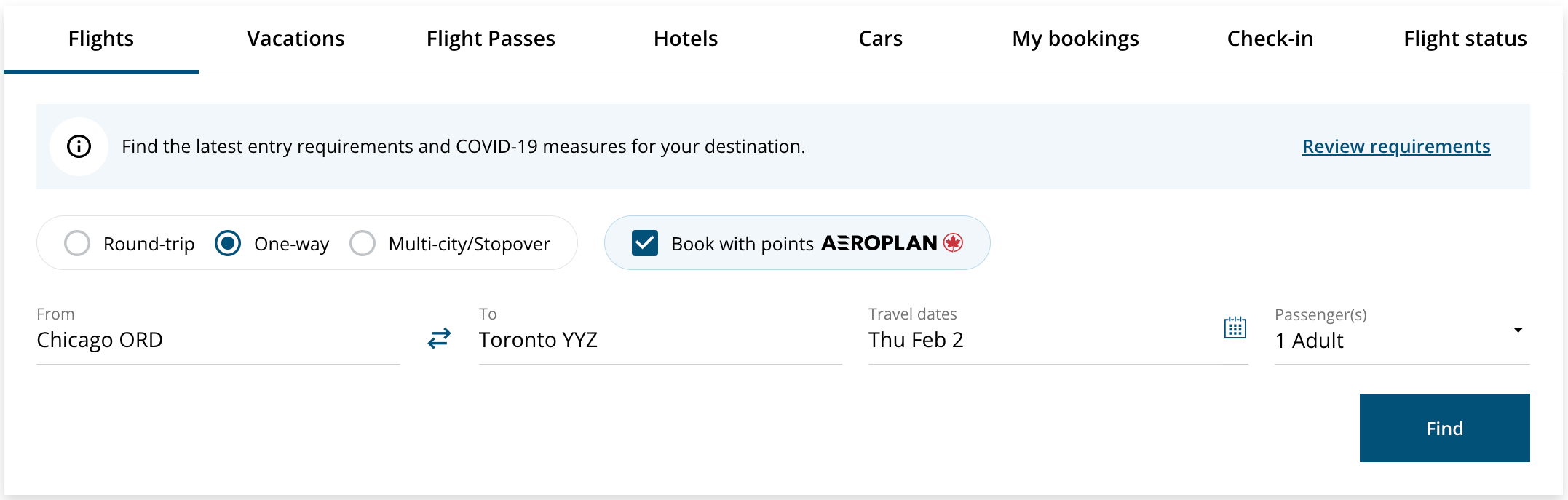 Searching on Air Canada website
