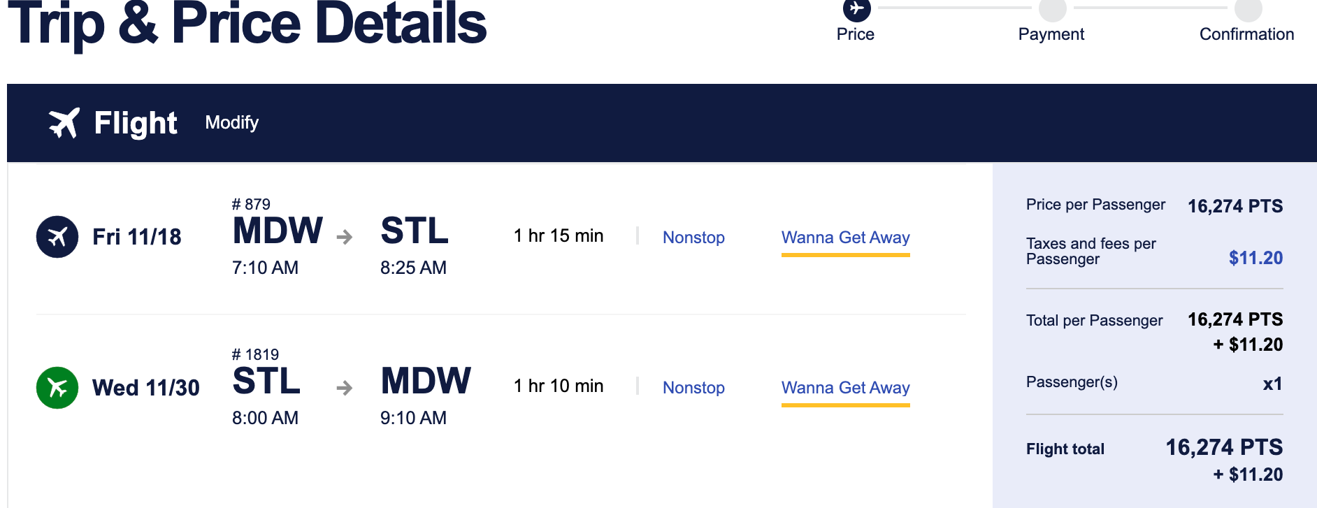 Screenshot of SWA flight MDW-STL
