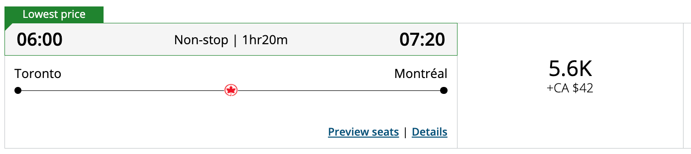 Toronto to Montreal Air Canada award ticket