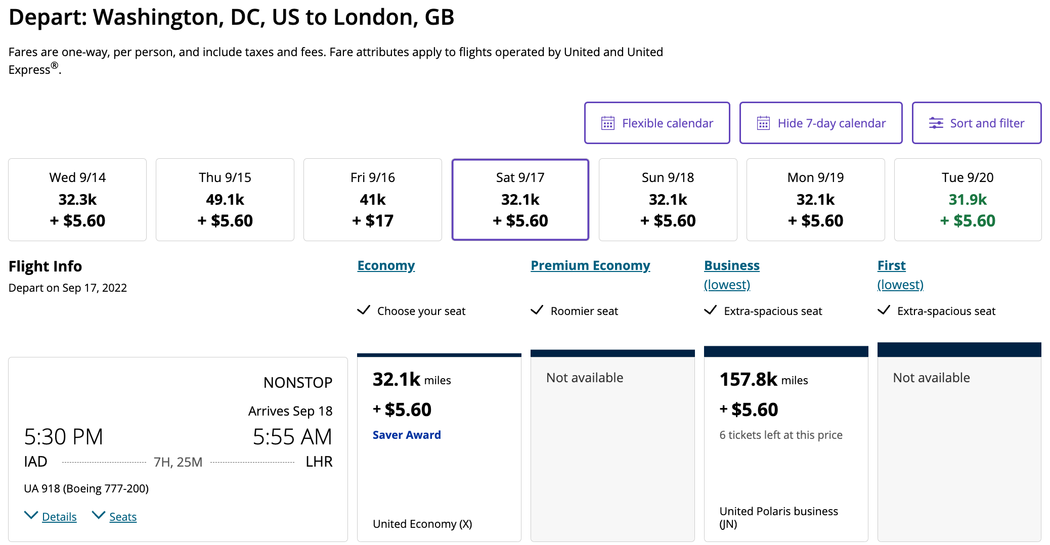 Washington to London United award space