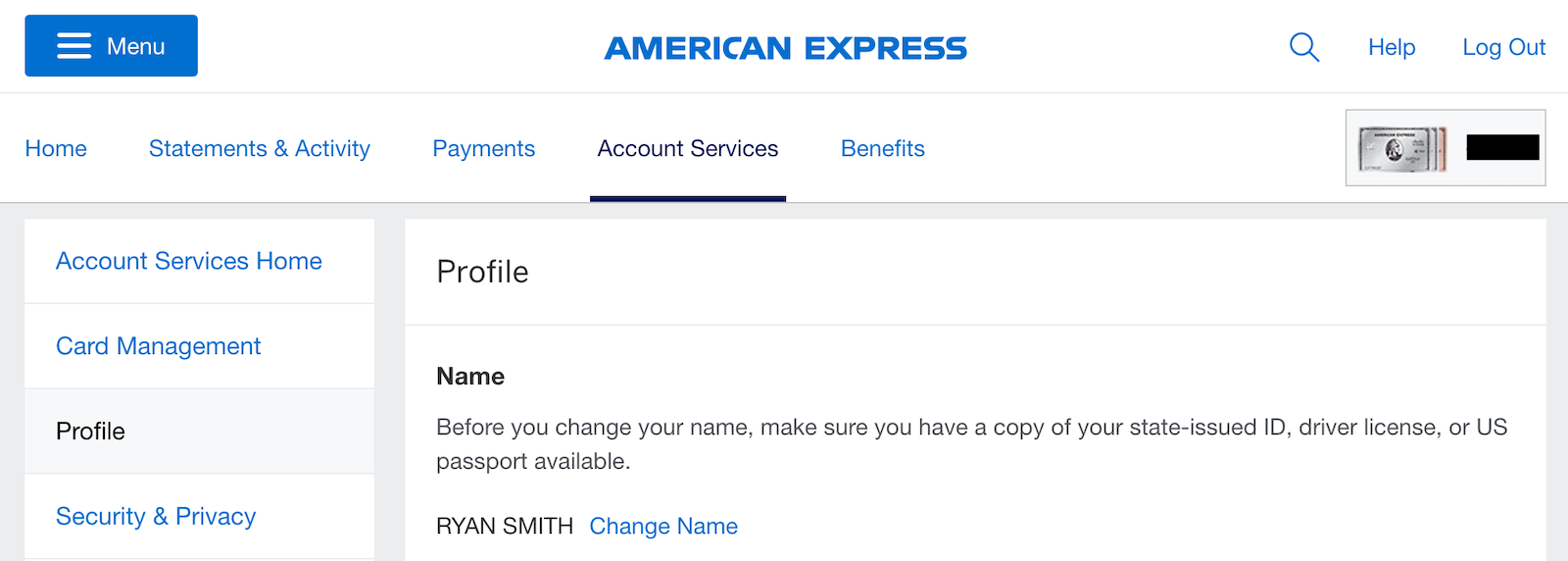 screenshot of user's portal to manage credit card