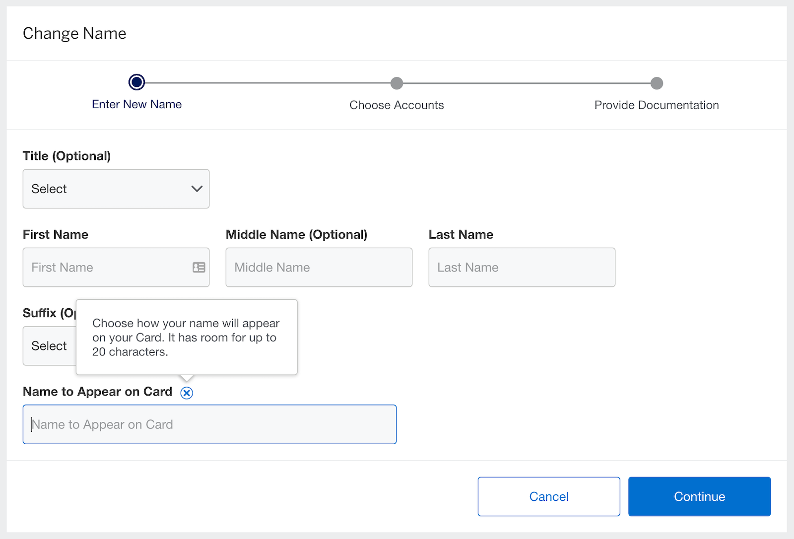 screenshot of form to fill out for preferred name on credit card