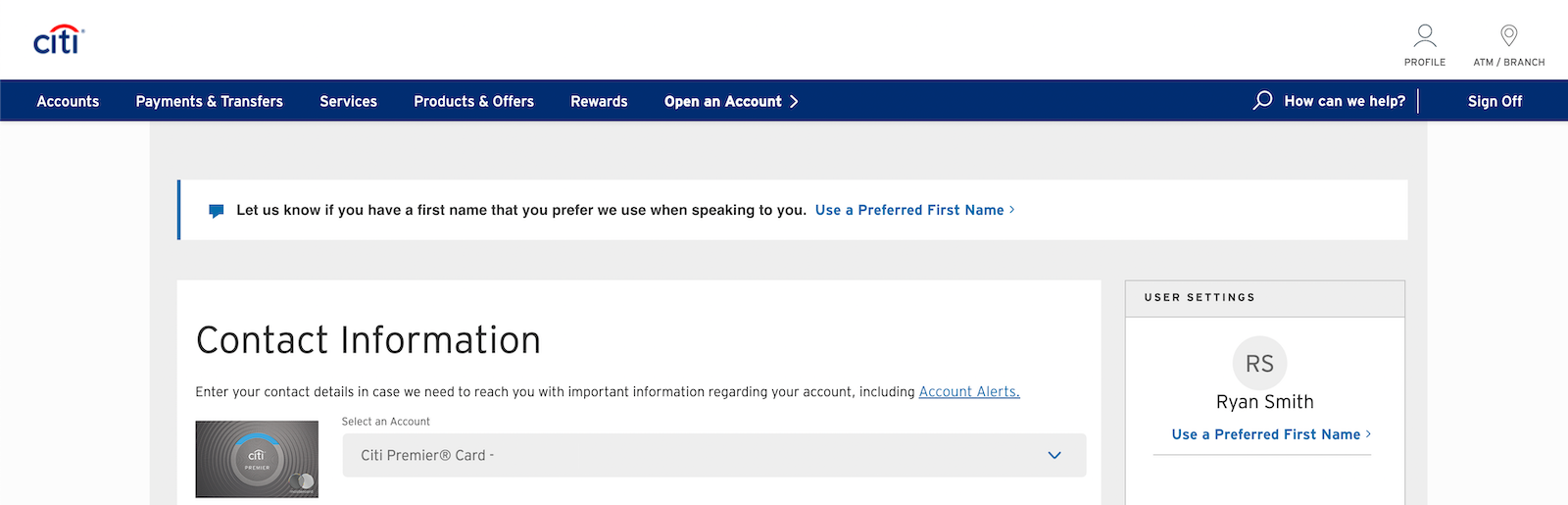 screenshot of a user profile on Citi banking website
