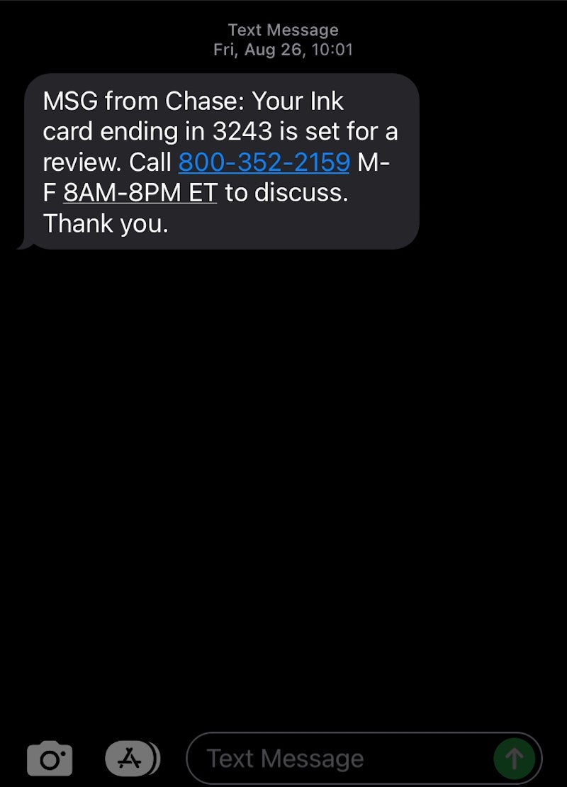 screenshot of text message on phone saying to call the bank