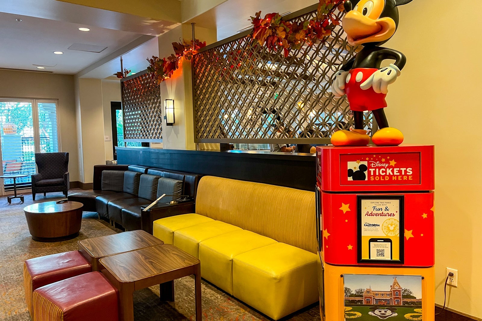 Disney decorations surrounded sofas in a hotel lobby