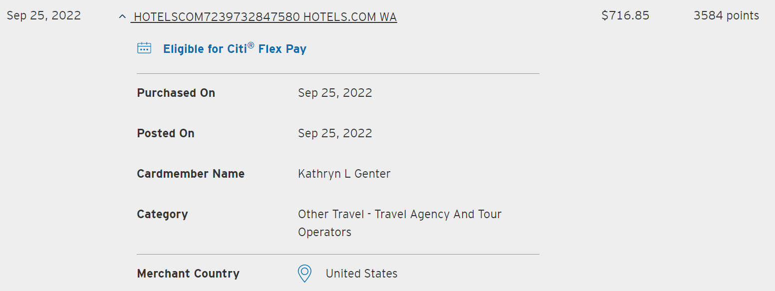 Citi Prestige earning on Hotels.com purchase