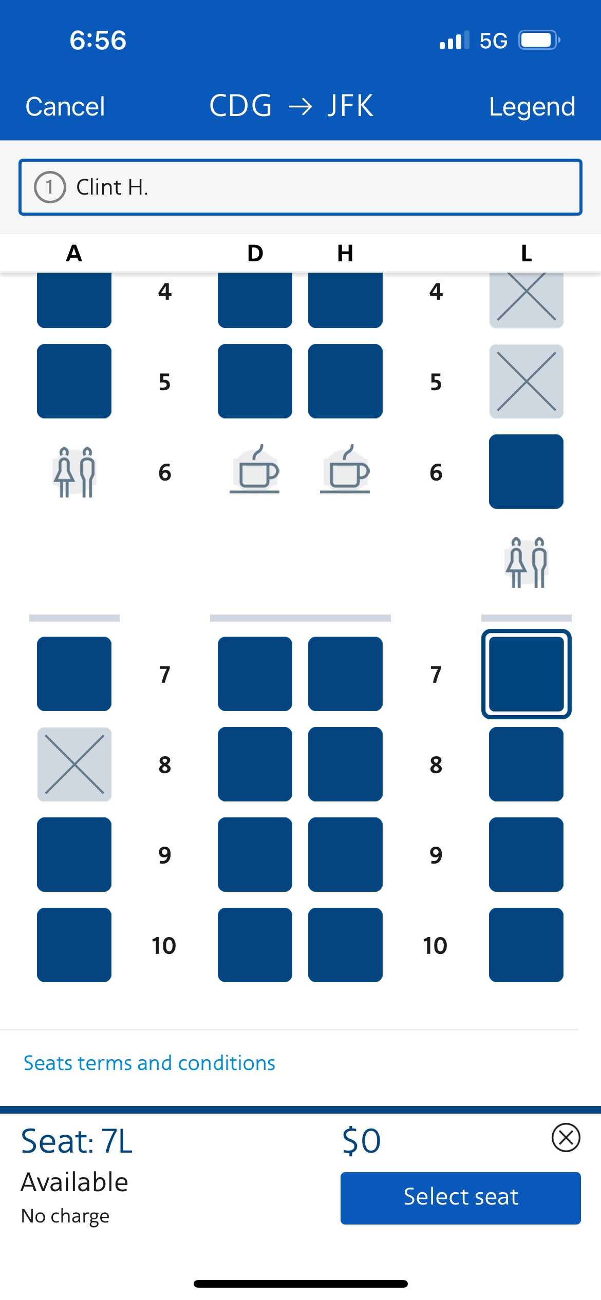 seat map for an American Airlines flight from Paris (CDG) to New York-JFK.