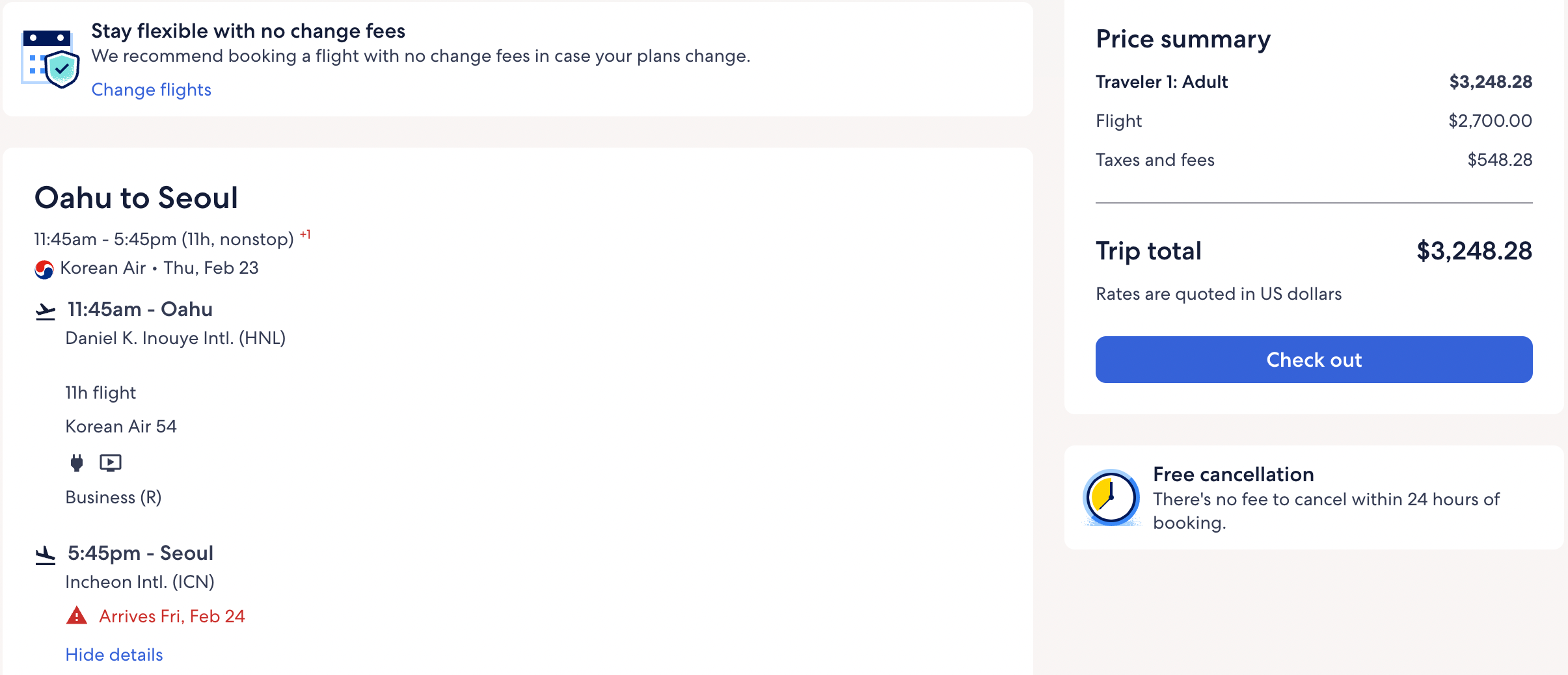 Booking a Korean Air flight from HNL to ICN with Expedia