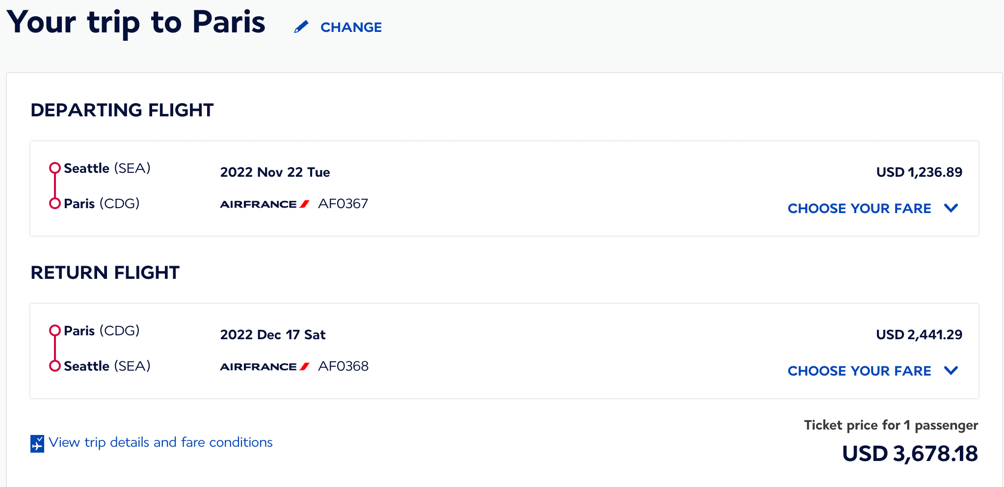 Booking an Air France flight from SEA to CDG