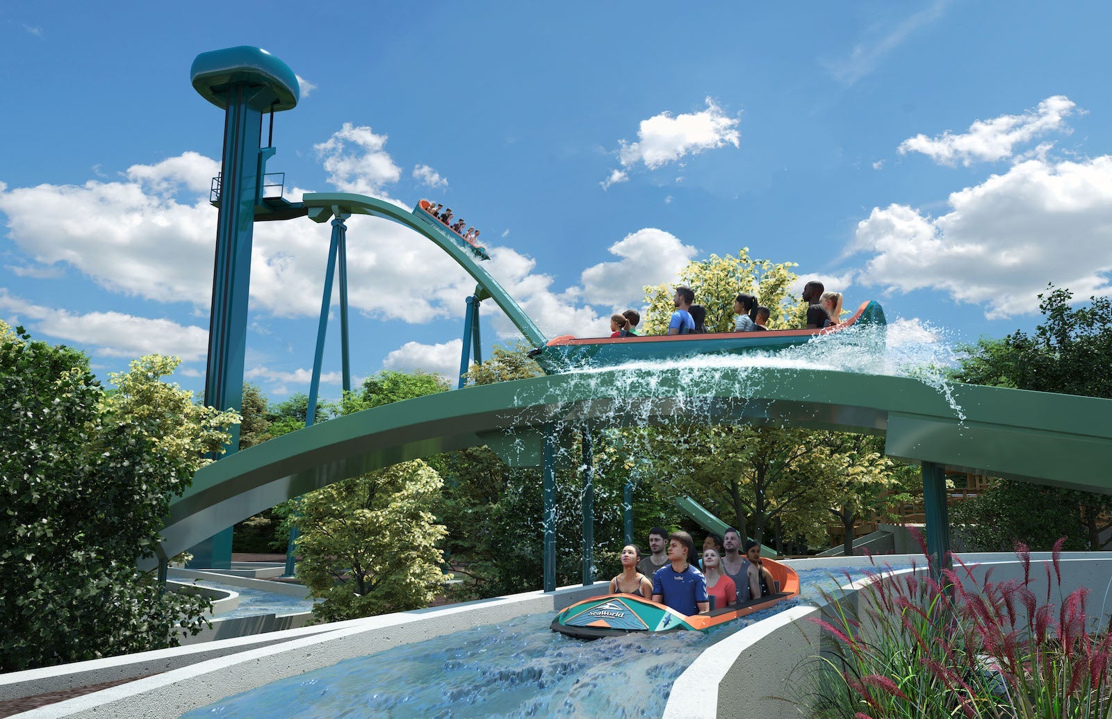 Guests on water flume coaster