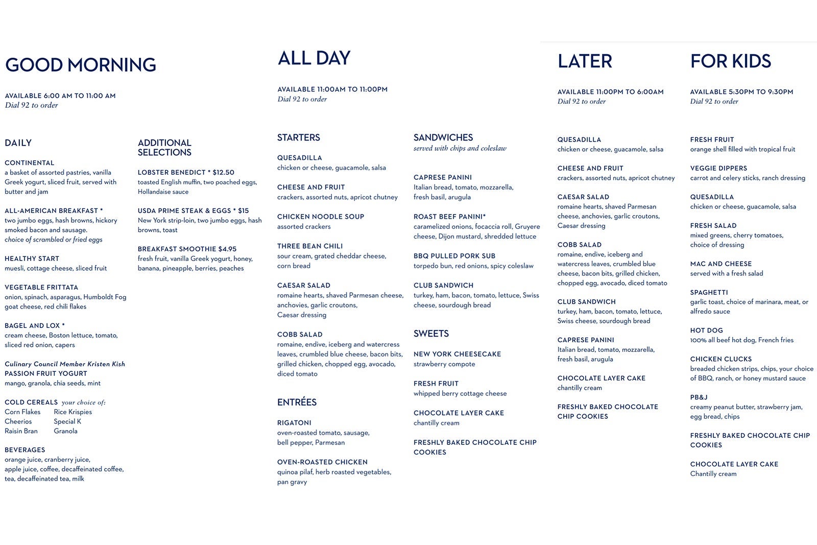 Holland America room service menu