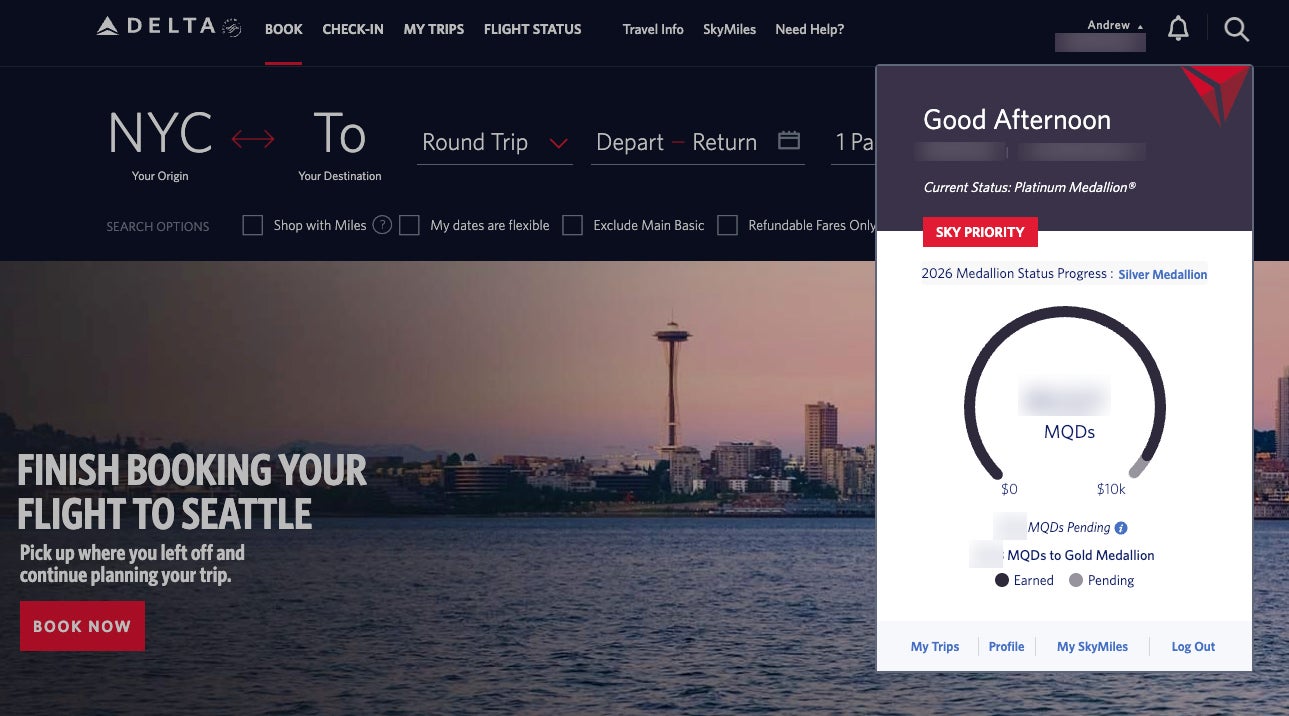 Delta SkyMiles account drop-down menu