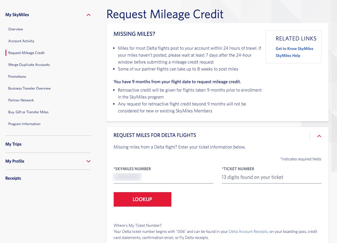Delta's request mileage credit page