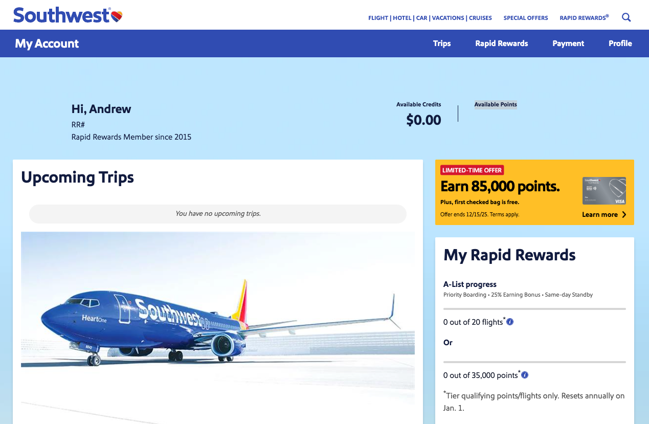Rapid Rewards account screen