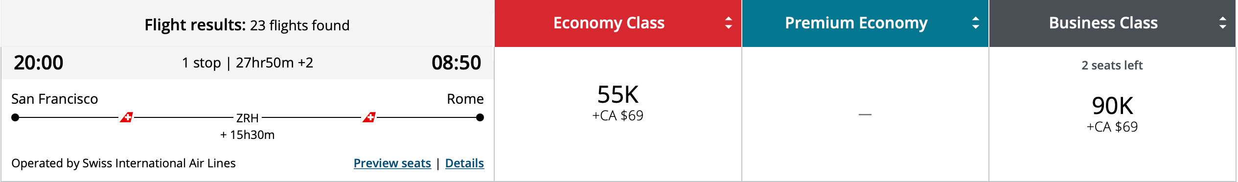 San Francisco to Rome Aeroplan award itinerary