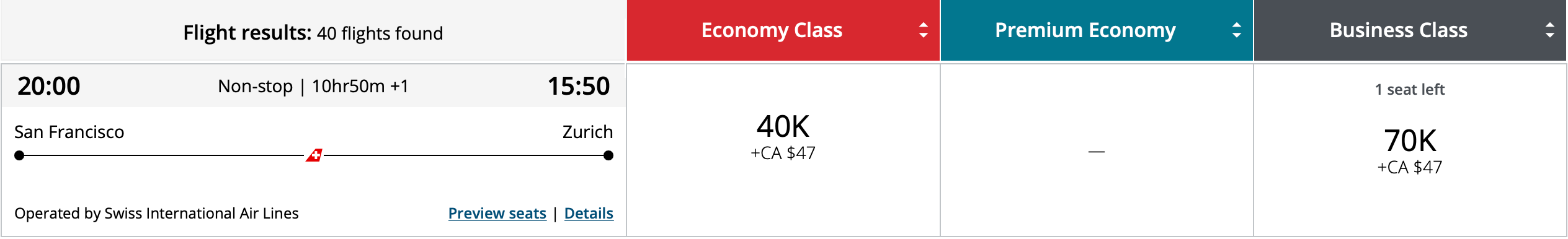 San Francisco to Zurich Aeroplan award itinerary