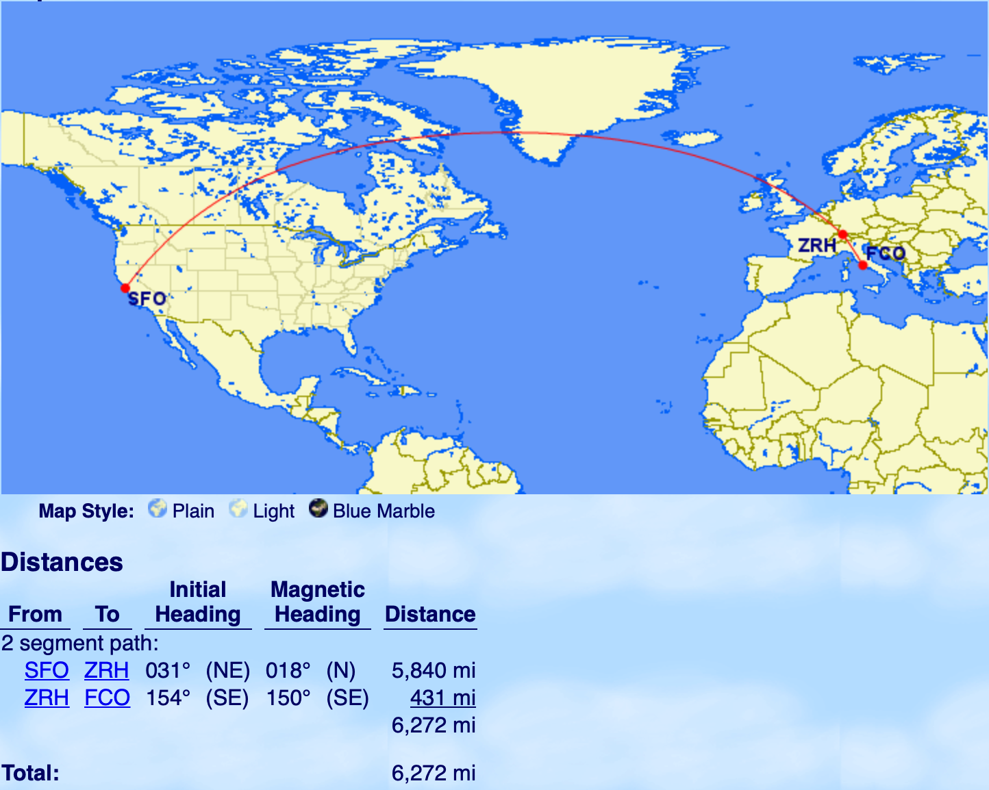 San Francisco to Zurich to Rome flight map
