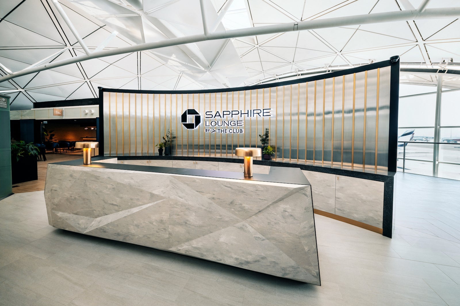 entrance desk at an airport lounge in Hong Kong