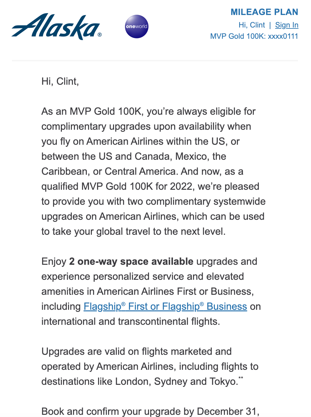 Email alerting receipt of systemwide upgrades on Alaska. ALASKA
