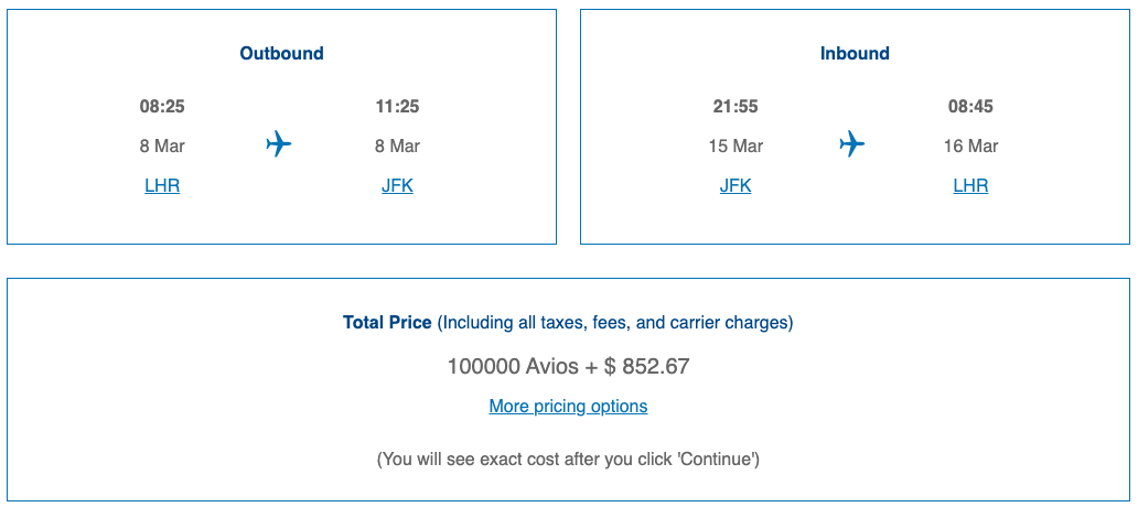British Airways award ticket from London to New York