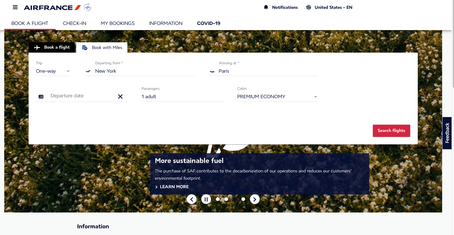 Searching for award flights on the Air France website
