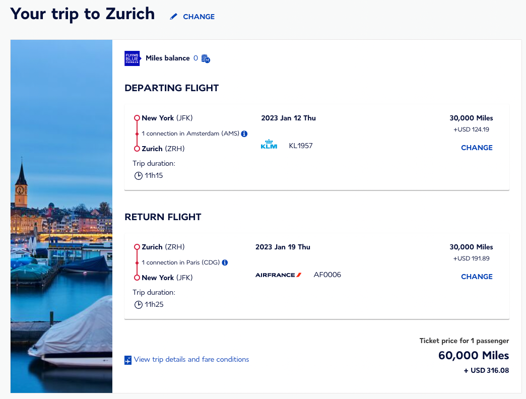 Flying Blue round-trip itinerary to Zurich