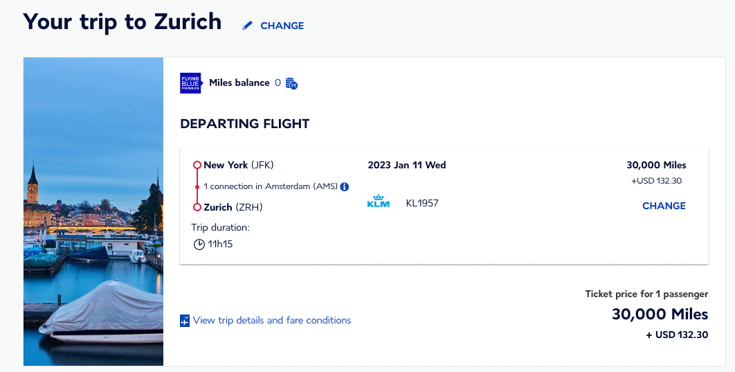 Flying Blue itinerary to Zurich